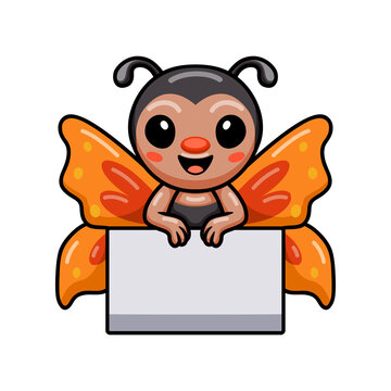 Cute little butterfly cartoon with blank sign