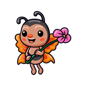 Cute little butterfly cartoon holding flower