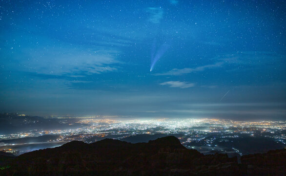 Beautiful View Comet Newise Over Water Waves On The Valley Of Doon Valley In India