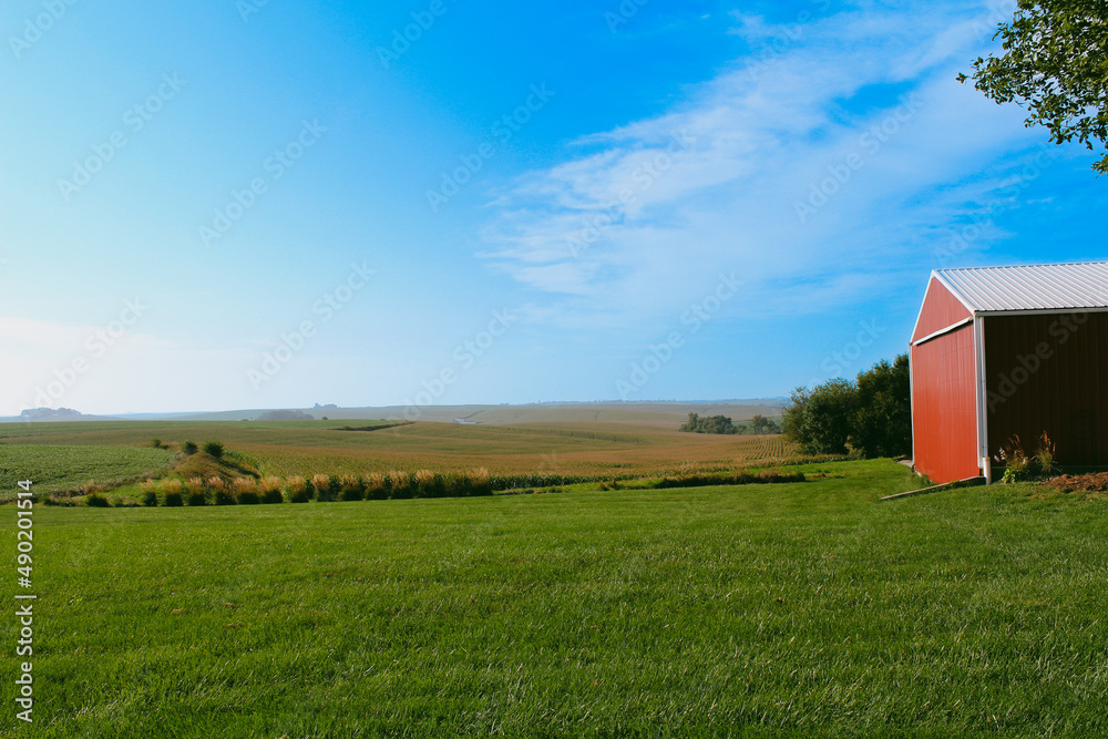 Wall mural green farm and a red barn in iowa under a blue cloudy sky on a sunny day