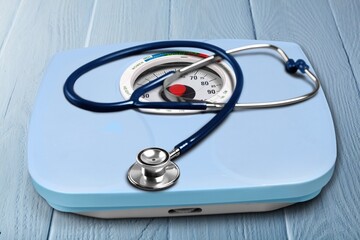 Weight scale with stethoscope, concept of correlation between weight and heart conditions