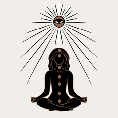 Vector Woman Meditating with Sun Eye Illustration, Peaceful Chakra female sitting for Prints,Posters, T-Shirts, Postcard and More.