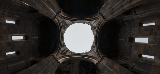 Low angle of the ceiling view of a ruined church