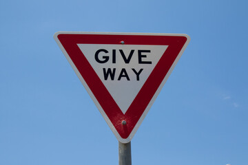 Closeup of a sign "give way" in Mount Annan Nsw Australia