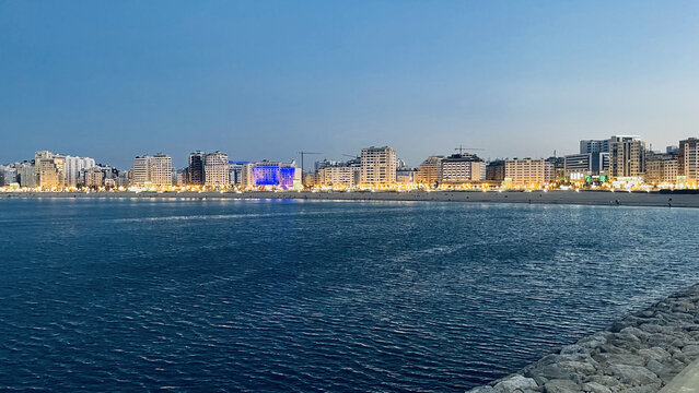Beautiful view of the blue sea with the city in the background. Tanja Marina Bay, Morocco.