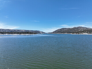 Aerial view of Big Bear Lake during winter season, San Bernardino National Forest, California, USA