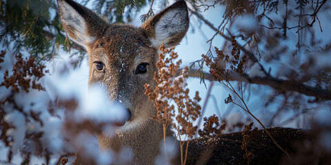 Cute beautiful mother deer under a tree on a cold winter day in nature