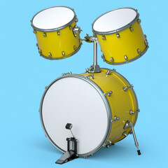 Fototapeta na wymiar Set of realistic drums with pedal on blue. 3d render of musical instrument