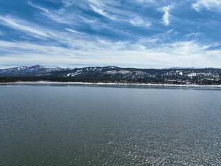 Aerial view of Big Bear Lake during winter season, San Bernardino National Forest, California, USA