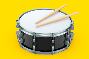 Realistic drum and wooden drum sticks on yellow. 3d render of musical instrument