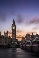 Vertical shot across the River Thames of the clock tower Big Ben, London, UK