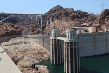 Beautiful view of Hoover Dam in Nevada, USA, Bypass Bridge in a Distance, Arizona-Nevada Border
