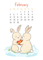 Calendar 2023 with rabbit, february page planner organizer. Bunny giving gift box hare Valentine day poster. Romantic surprised character mascot festive symbol. Cartoon template, vector