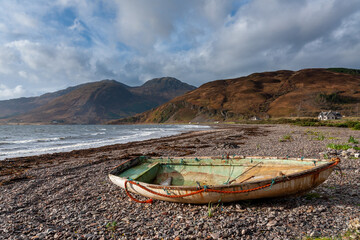 Shot of Beached rowing boat in Scottish highlands