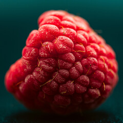 Macro shot of raspberry with blue background