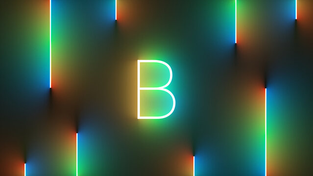 Digital illustration of neon colorful lines around an illuminated letter B symbol