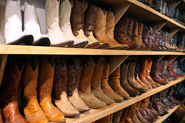 Row of assorted boots on the wooden shoe rack - Powered by Adobe