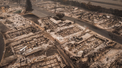 Street running through a mobile home park ruined by arson wildfire tragedy in southern oregon usa