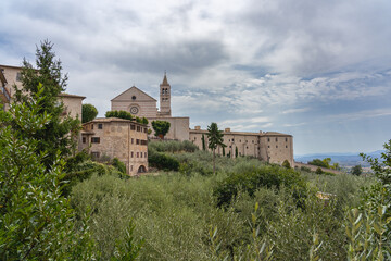 Beautiful view of the Cathedral of Santa Chiara in Assisi, Umbria, Italy
