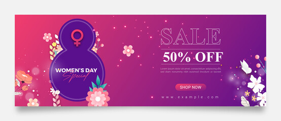 women's day special sale facebook cover or web ad banner template. creative layout for women day celebration concept with blue pink background