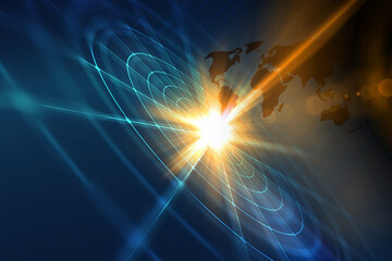 3D render of global block-chain network technology background with sun flare effect