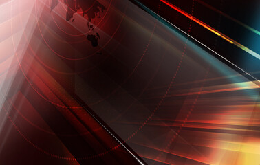 3D render of a graphical world news background with map and directional line to depth