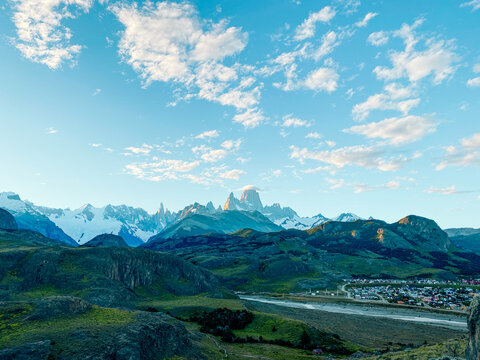 Scenic view of the city of El Chalten with Mount Fitz Roy background at sunset in Patagonia