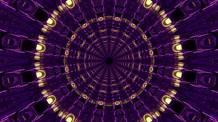 3D rendering of futuristic kaleidoscopic patterns background in vibrant purple and yellow colors
