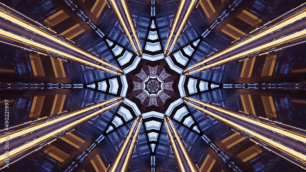 Wall mural 3d rendering of futuristic kaleidoscopic patterns background in vibrant blue and white colors