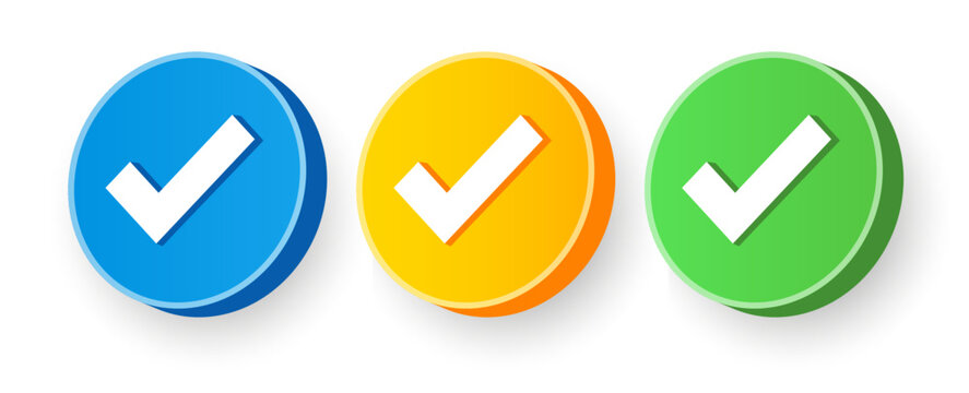 3D circular realistic verified icon. Right choice perspective chat mark check approve vector art symbol. Blue, yellow, green colors.	
