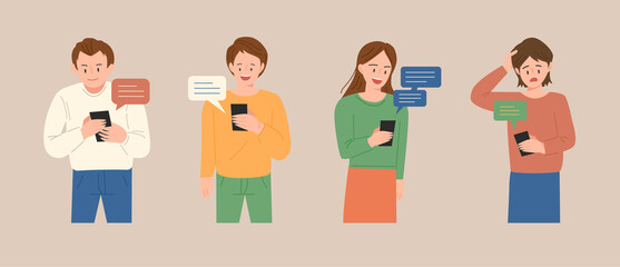 People holding smartphones in their hands and sending and receiving messages. Emotions are revealed on people's faces. flat design style vector illustration.