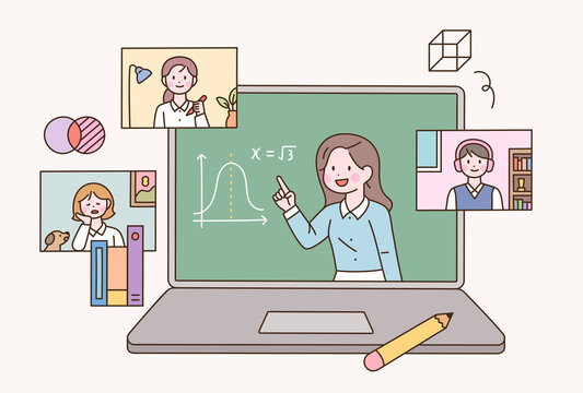 The computer teacher is teaching. Monitor screens of students taking classes are floating around. flat design style vector illustration.