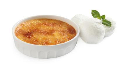 Delicious creme brulee and scoops of ice cream on white background