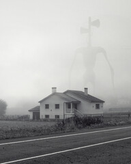 Haunted portrait of a house on the side of a road with a terrifying monster in the background