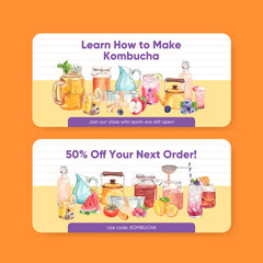 Voucher template with Kombucha drink concept,watercolor style