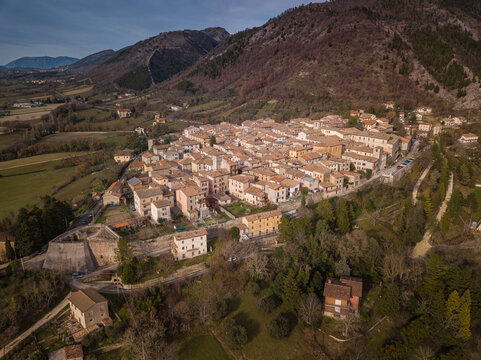 Bird's eye view of the medieval village of Costacciaro at the foot of Mount Cucco in Italy