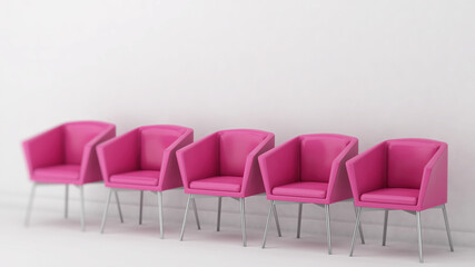 Pink chairs in waiting room, job interview concept, 3d illustration