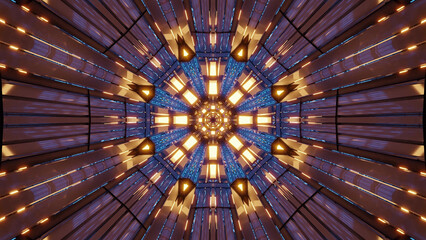 3D illustration of a blue flower shaped kaleidoscopic pattern with enlightened yellow led lights