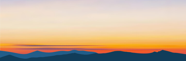 Fantasy on the theme of the morning landscape, sunrise in the mountains, panoramic view, vector illustration