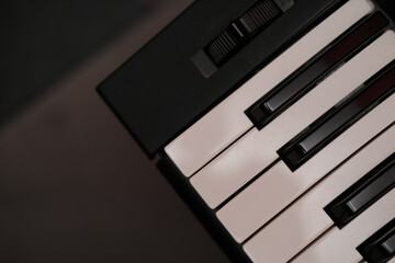 Top view closeup of the keyboards of a synthesis instrument