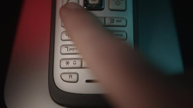 Red blue light backdrops, landline phone calling 112 emergency concept.