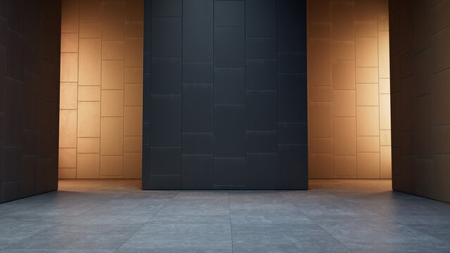 Unfurnished Interior with Black Cladding walls and Tiled Concrete floor. Room with Modern Architecture. 3D Render.