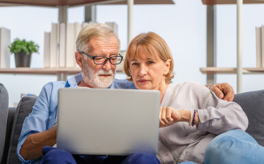 Mature woman and senior man using laptop in living room, Portrait of Worried senior couple checking...
