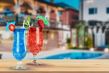 Breakfast in swimming pool in luxurious tropical resort. Tropical couple beach luxury lifestyle