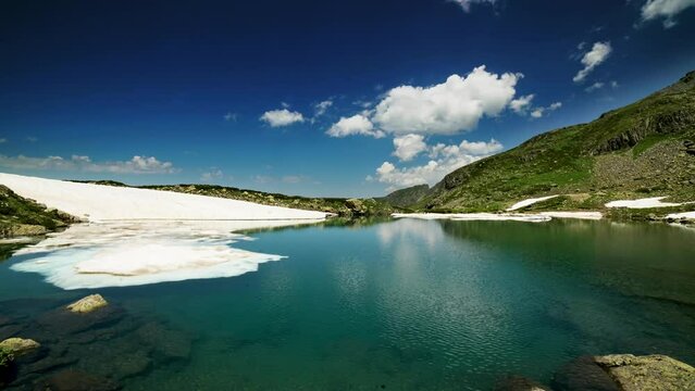 4K Unmelted Snow. Glacial lake Time Lapse on top of mountains. 