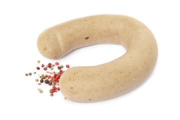 Delicious liverwurst with spices on white background