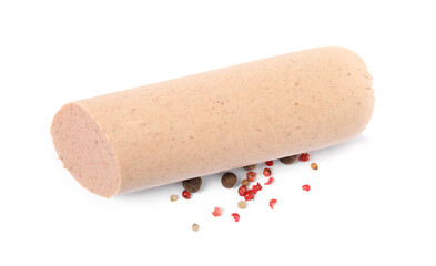 Delicious liverwurst with spices on white background, top view