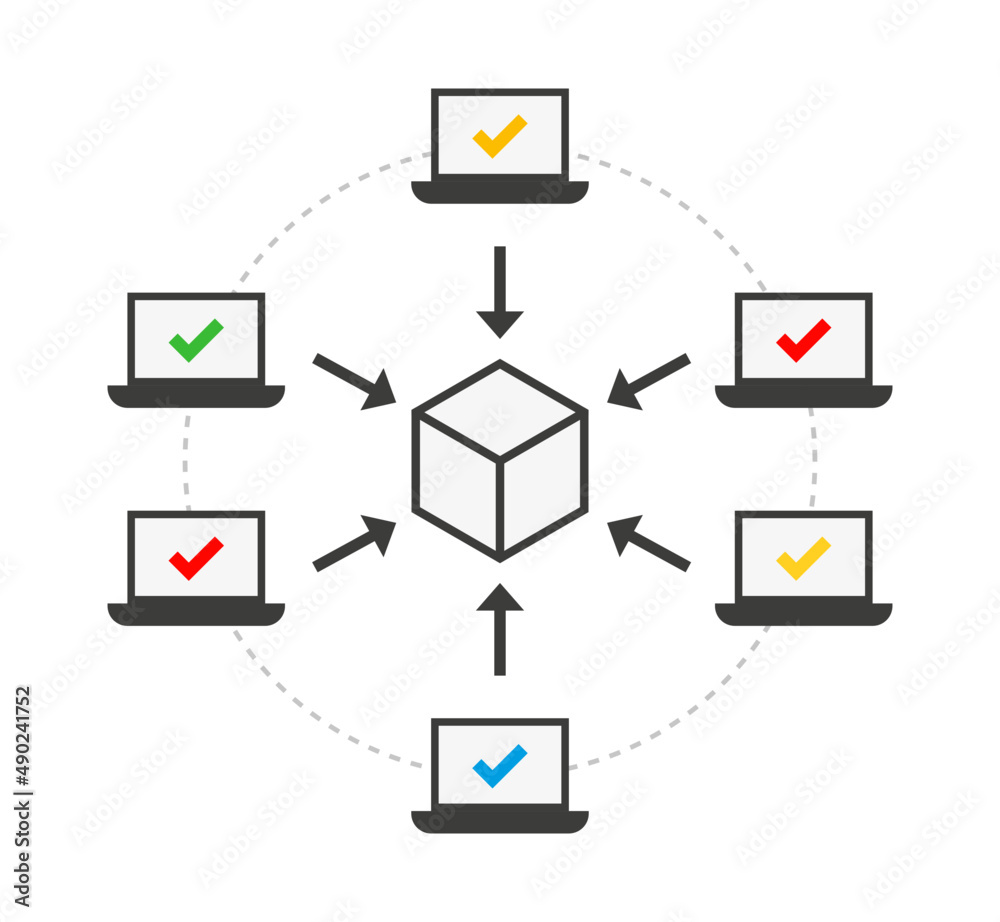 Aufkleber Computer or laptop user internet connect to blockchain system network. Cryptocurrency technology data design template.