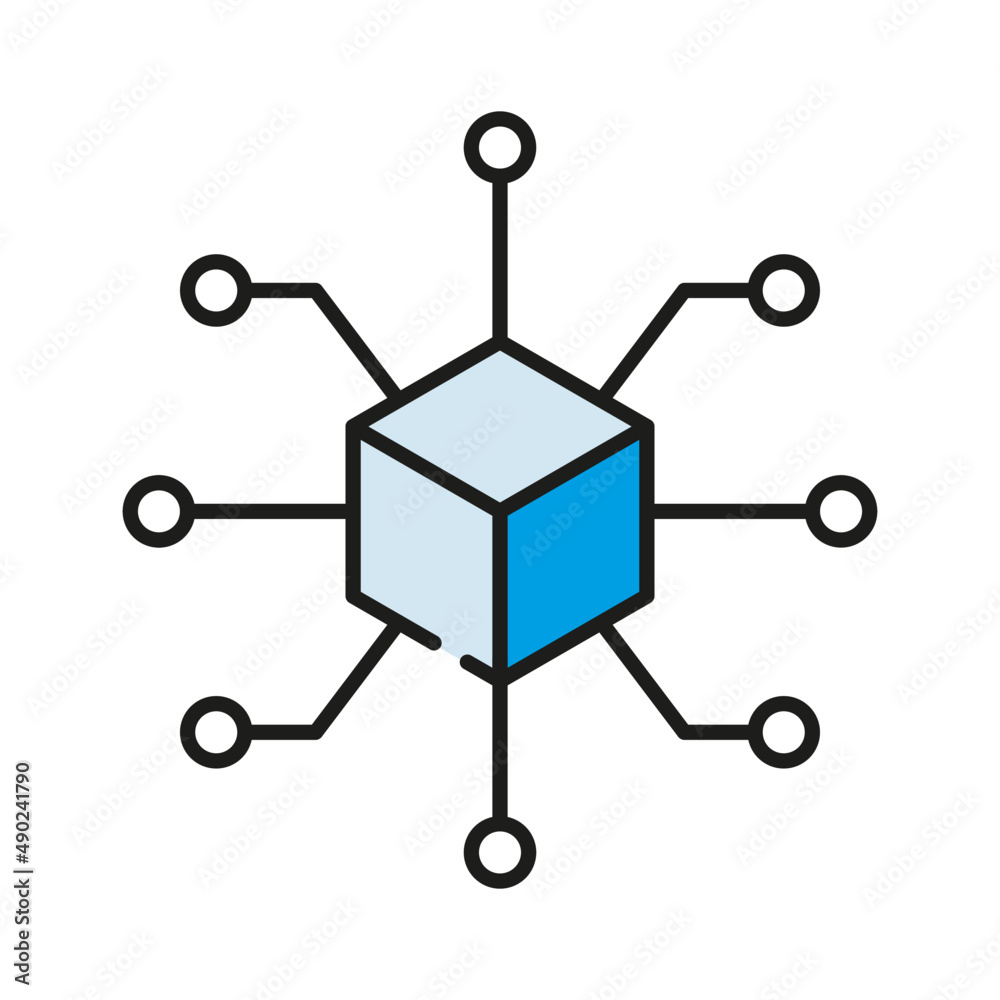 Poster Blockchain icon design. Crypto currency smart contract protocol. Global data linked network.