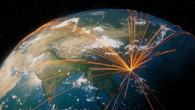 Earth in Space. Orange Lines connect Shenzhen, China with Cities across the World. Global Travel or Business Concept.